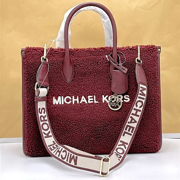 Michael Kors Medium SHEARLING MIRELLA ToteShoulder Bag Sherpa Oxblood NWT